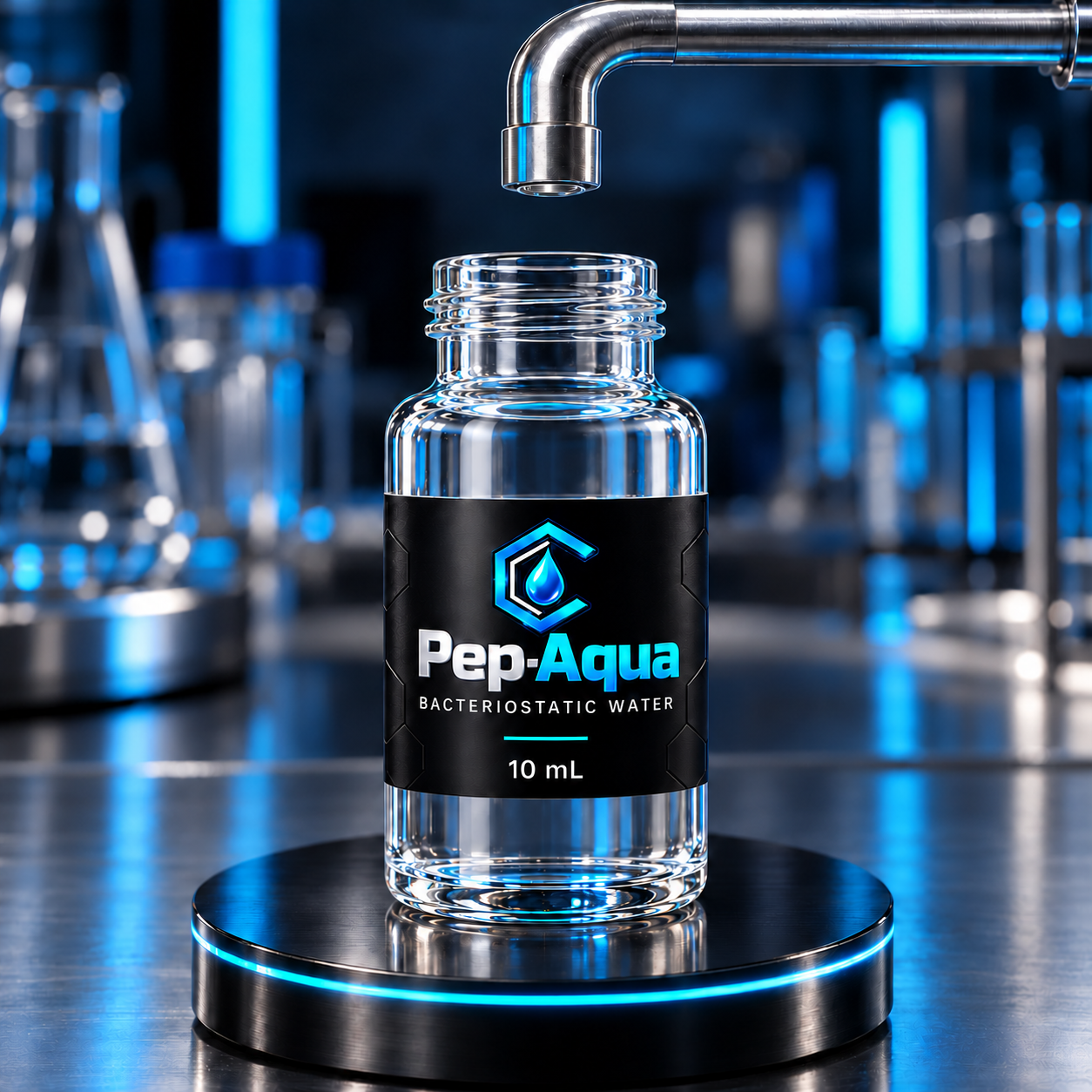 Photorealistic full Pep-Aqua 10 mL glass bottle with a single water surface below the open neck, beneath a chrome laboratory faucet.